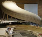 This long hull section makes up most of the top 8 foot rise of the stairway - here being built upside down. The lowest point shown will be the top of the stairway. The stairway widens at the top in a horn-of-plenty or trumpet shape