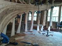 This image shows a skirt part, strip planked the same way as the hull. There is a tremendous twist in these curved parts, especially on the inside radius